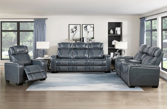Apex Blue TOP GRAIN LEATHER/POWER/LED/MASSAGE Reclining Set 8449
