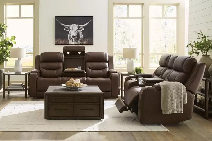 Dreamer Brown Genuine Leather Power Reclining Living Room Set with Audio Seating