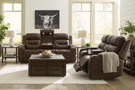 Dreamer Brown Genuine Leather Power Reclining Living Room Set with Audio Seating
