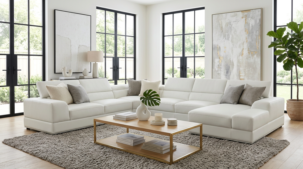 Nella White Sectional Sofa | Italian Leather Match MI-5107