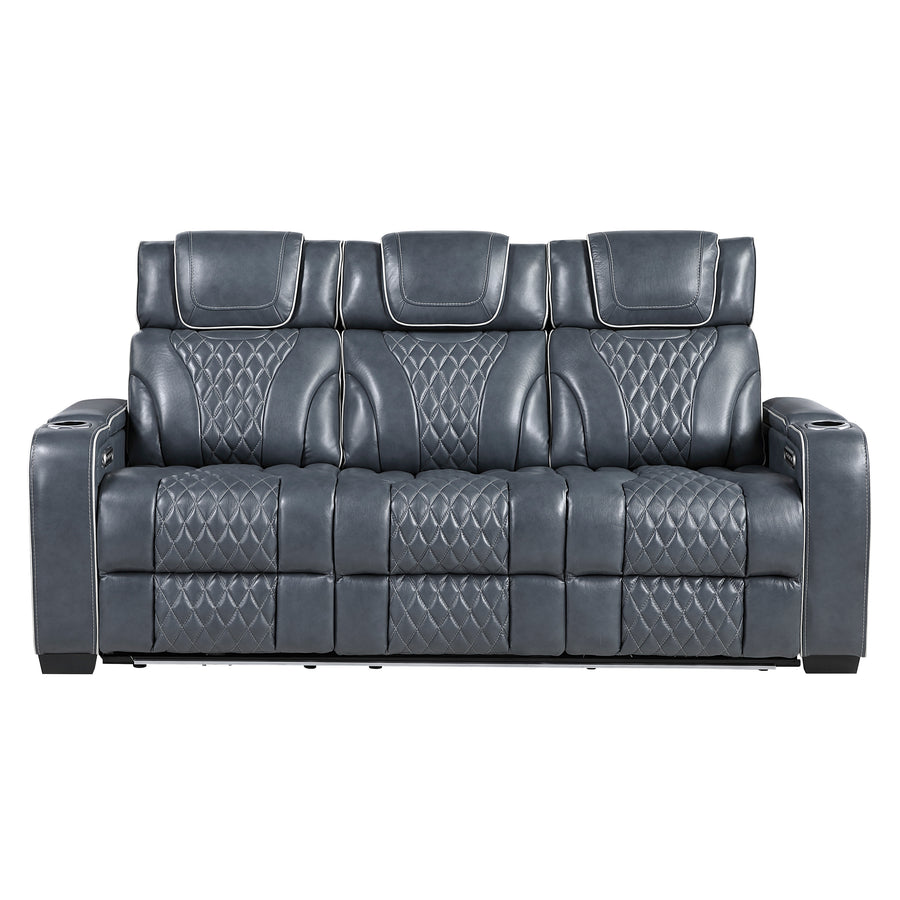 Apex Blue TOP GRAIN LEATHER/POWER/LED/MASSAGE Reclining Set 8449