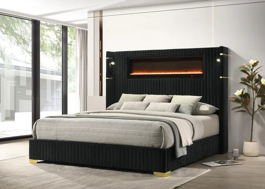 Romance2 Black Fireplace/BlutoothSpeakers Queen Platform Bed