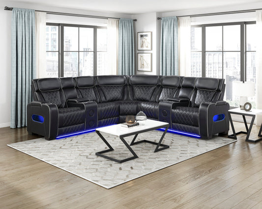 Fairway Black 3pc LED/POWER Reclining Sectional with Consoles and Wireless Speakers