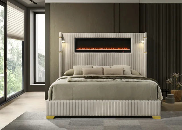 Romance2 Cream Fireplace/BlutoothSpeakers  King Platform Bed