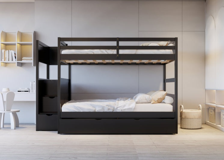 BB52 FULL/FULL Black Bunk Bed w/Twin Trundle + Staircase Storage