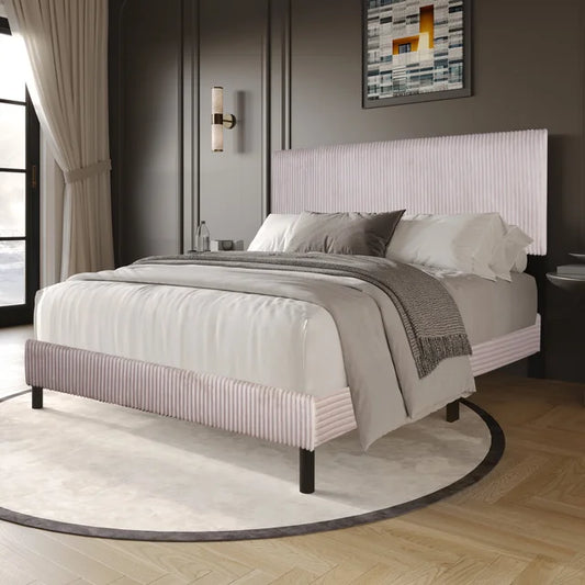 HH160 Beige Cord Fabric Queen Platform Bed