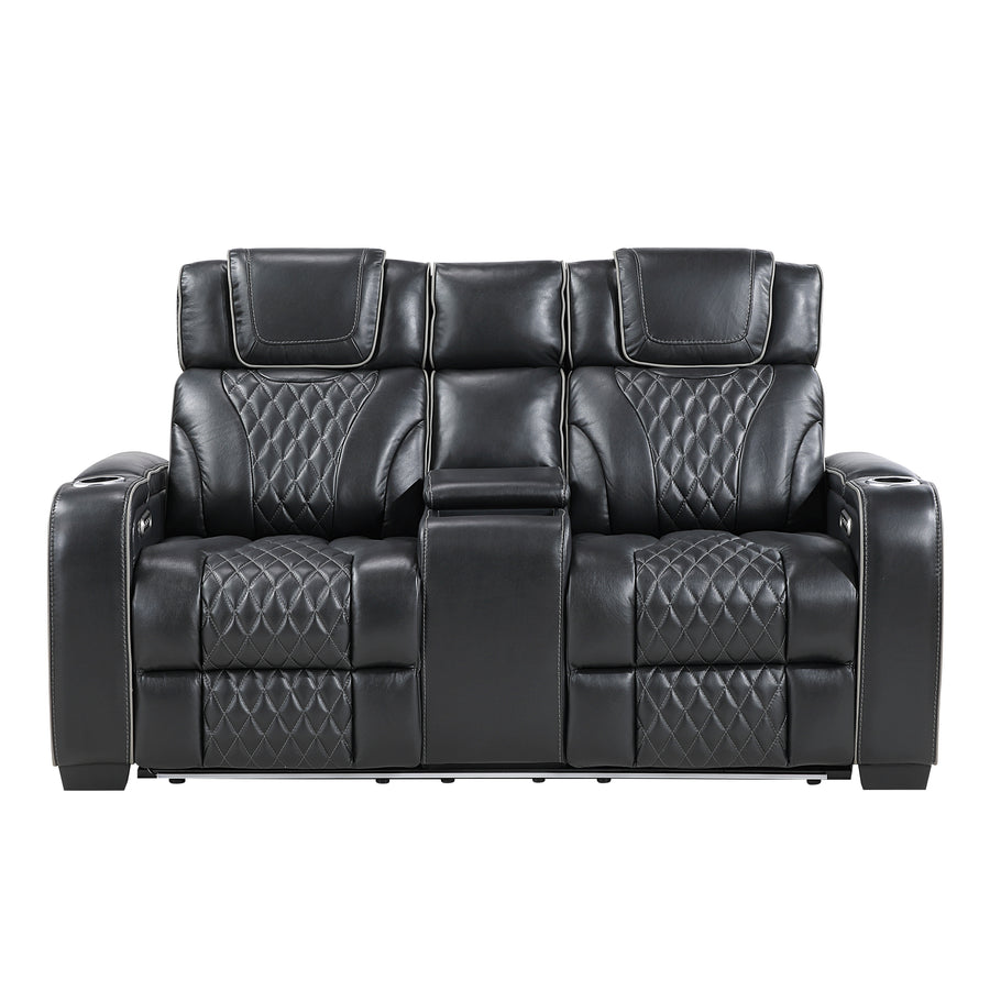 Apex Black TOP GRAIN LEATHER/POWER/LED/MASSAGE Reclining Set 8449