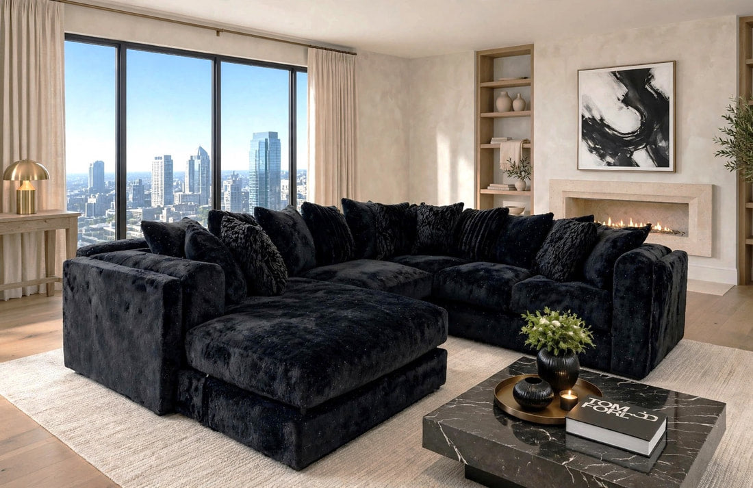 Glam Black Chenille Fabric Sectional 8908