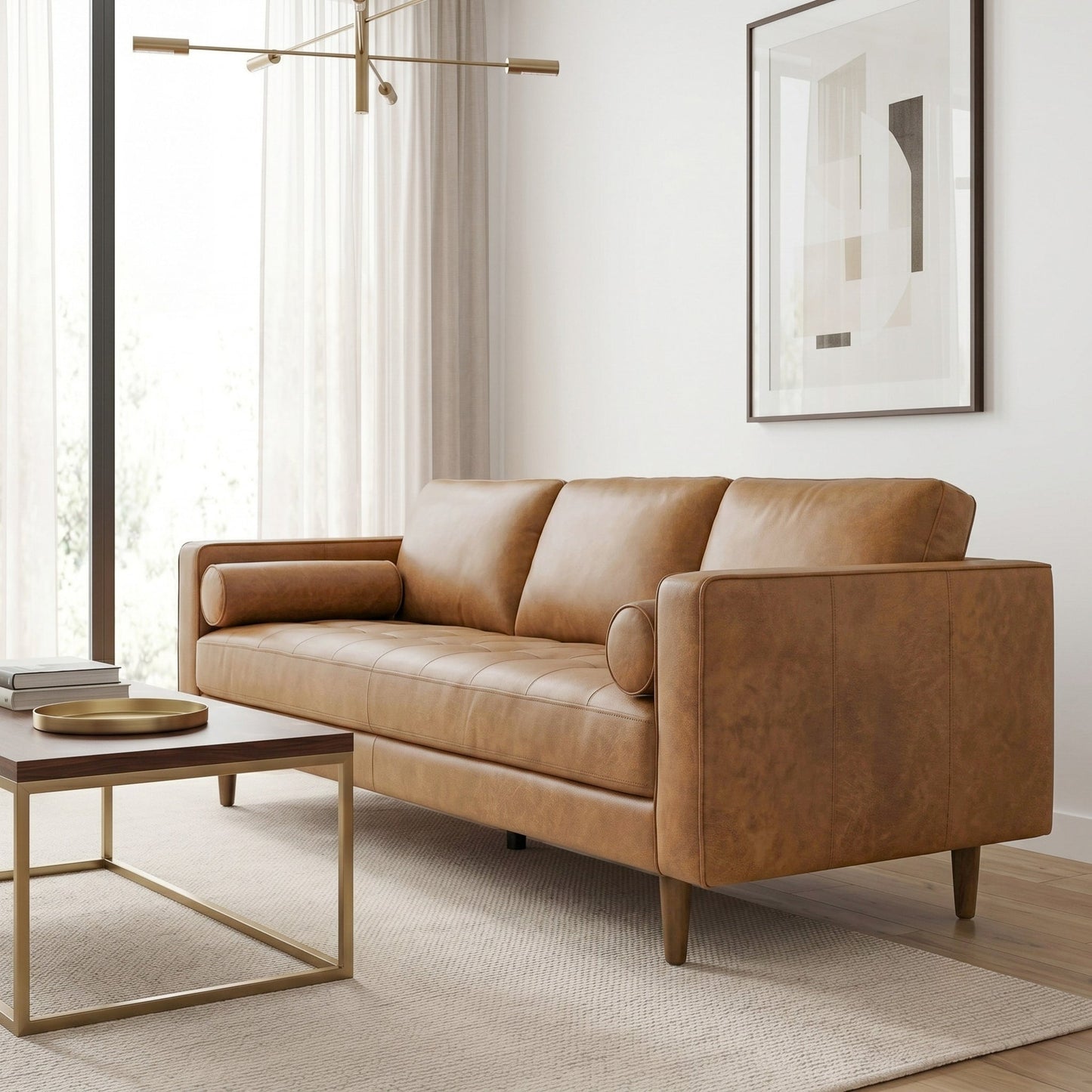 Catherine Tan Leather Mid-Century Modern Sofa