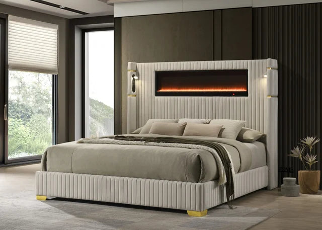 Romance2 Cream Fireplace/BlutoothSpeakers  King Platform Bed