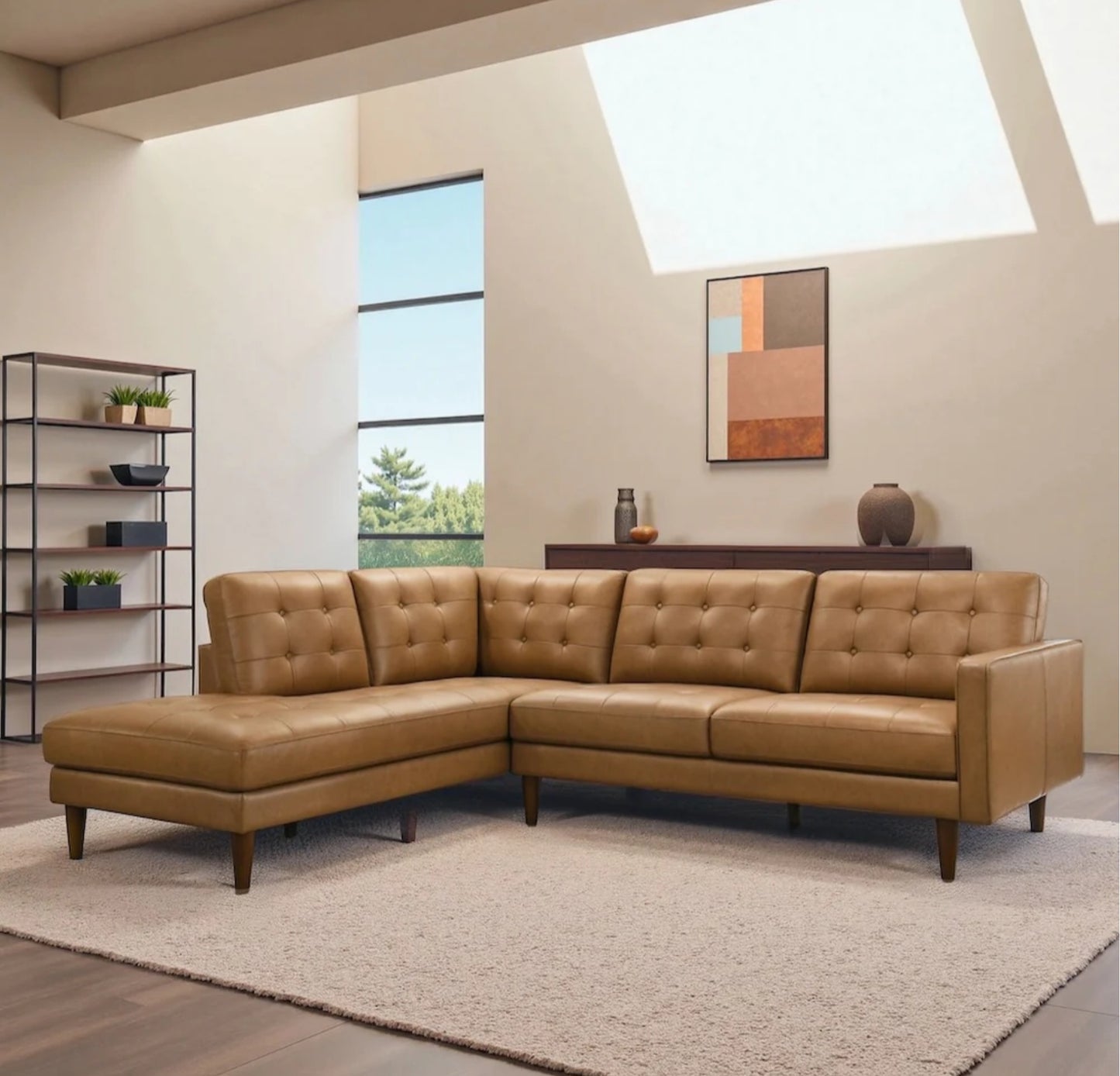 Lucco Cognac Modern L-Shaped Genuine Leather LAF Sectional