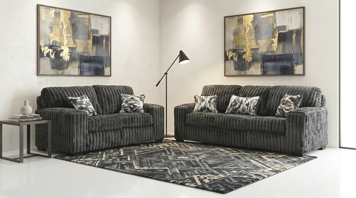 Austin Charcoal Corduroy Fabric Sofa and Loveseat S319