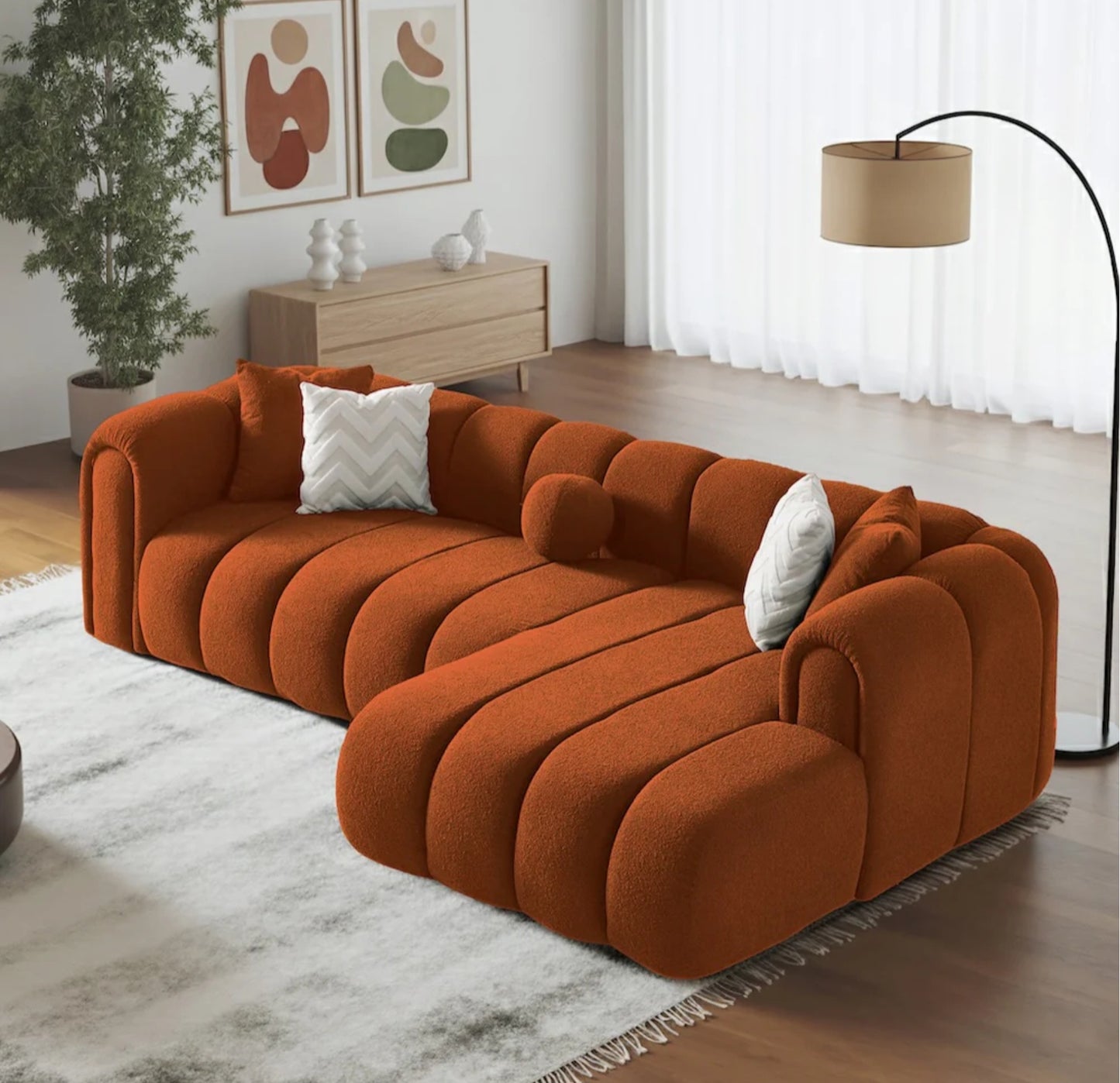 Beatrice 115" Modern Tufted Burnt Orange Boucle Right-Facing Sectional Sofa