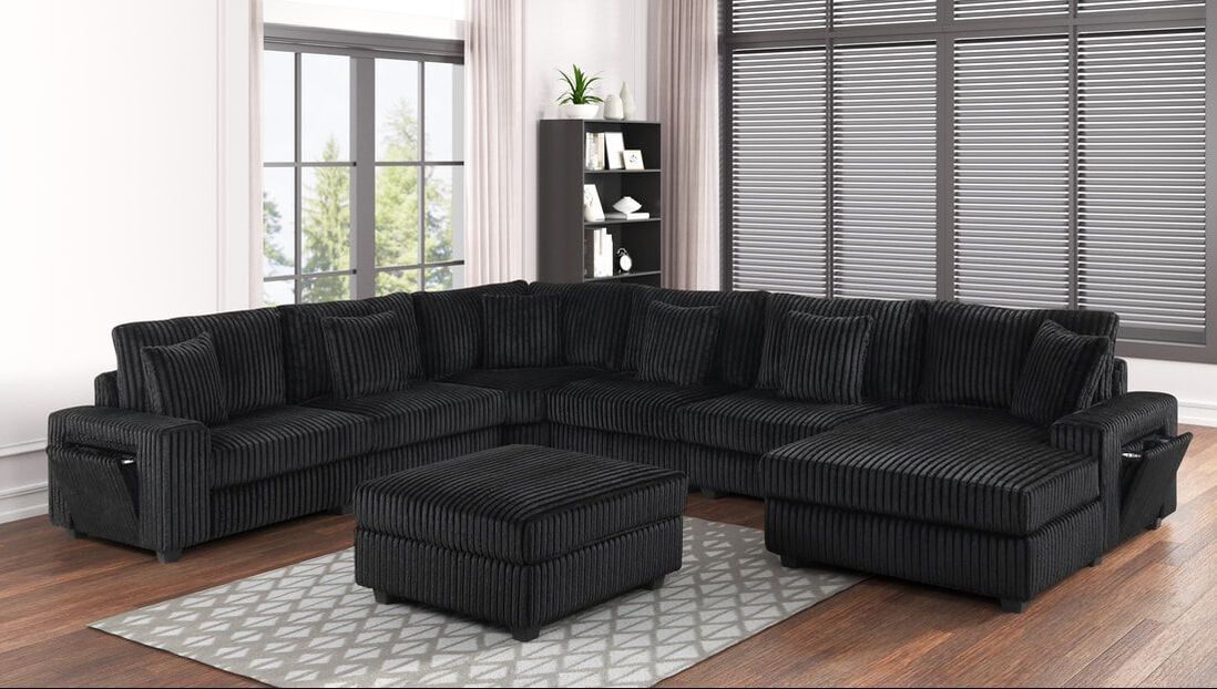 Bazooka Black Corduroy 7PC Sectional With Ottoman