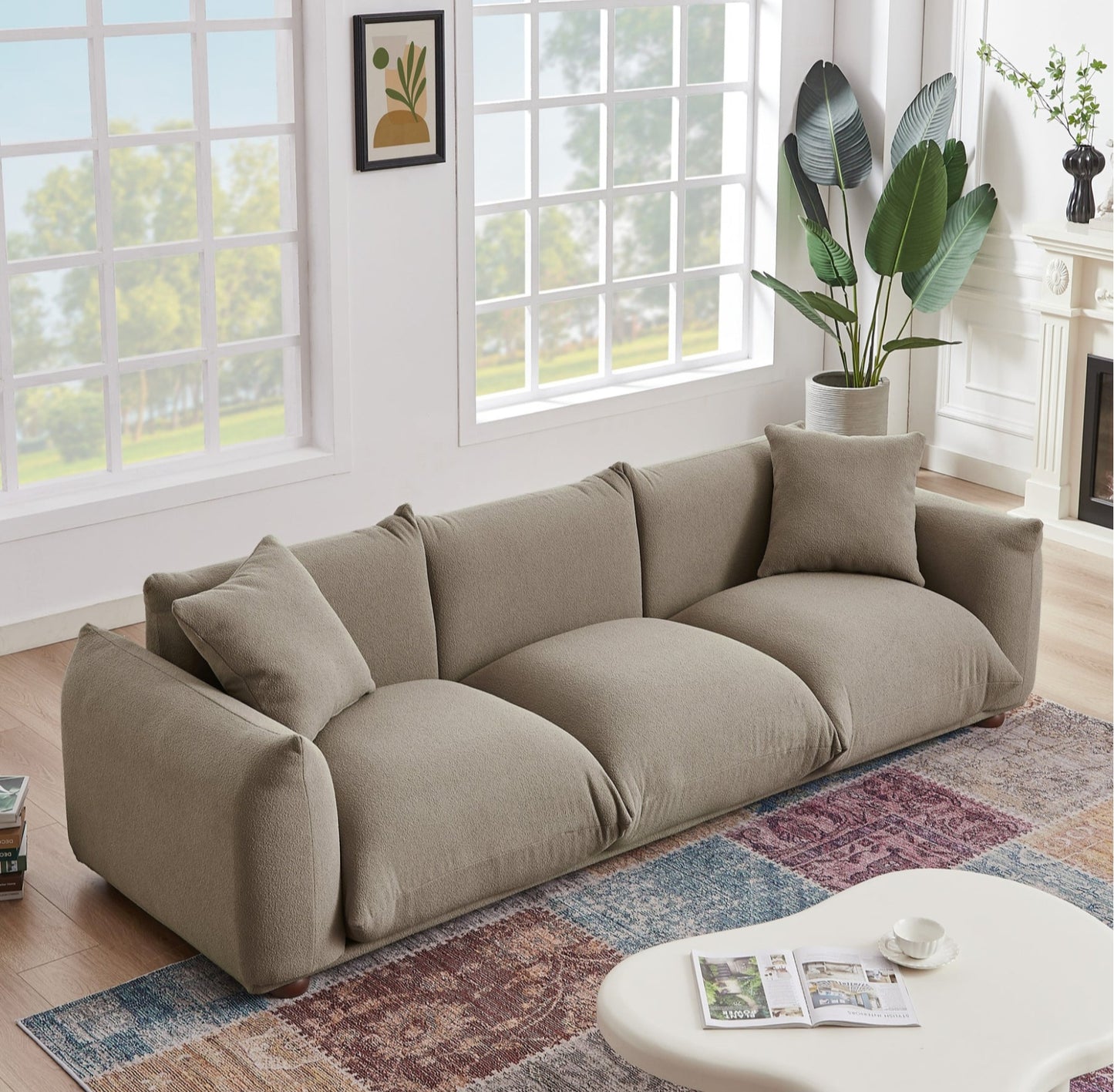 Kely Mocha Mid-Century Modern 100'' Boucle Upholstered Sofa