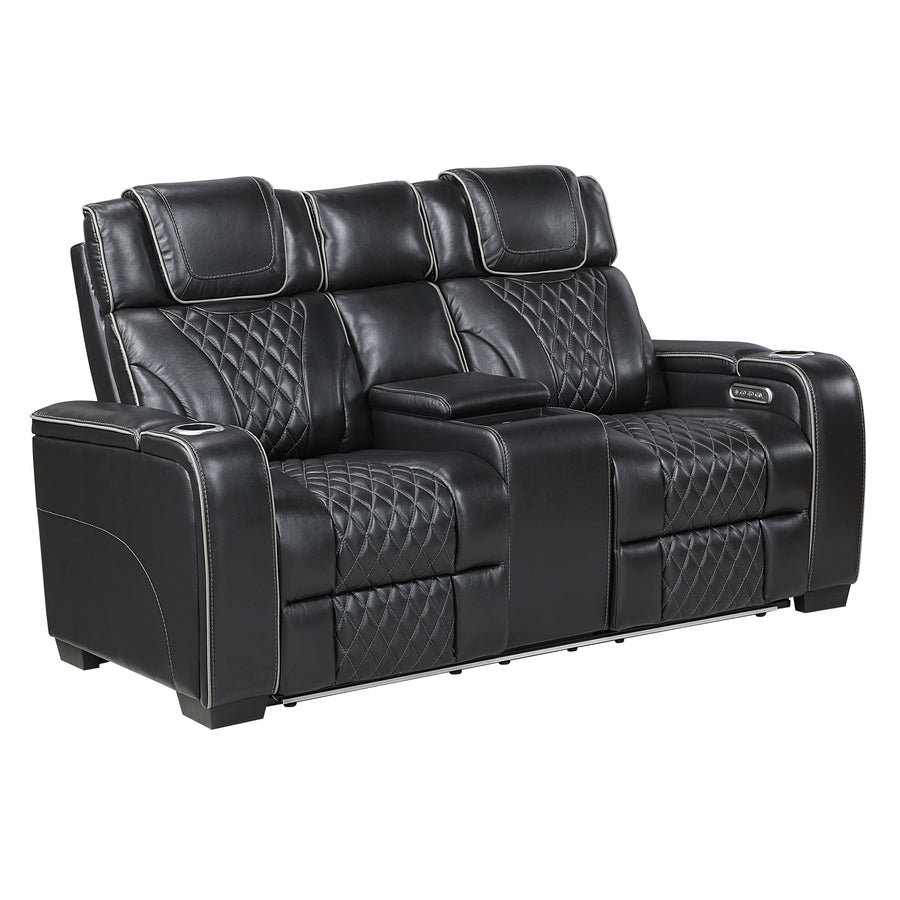 Apex Black TOP GRAIN LEATHER/POWER/LED/MASSAGE Reclining Set 8449