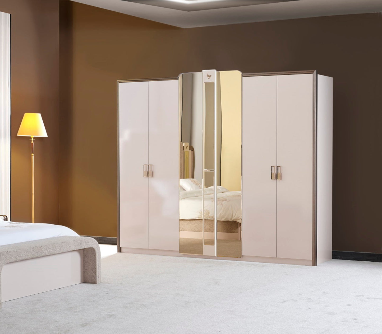 Nirvana Luxury Bedroom Set (Bed & Dresser With Mirror & Ottoman & 2 Nightstand With Back )