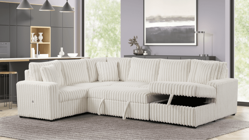 Raha II White Corduroy Pull-Out Bed Sectional S3675