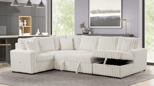 Raha II White Corduroy Pull-Out Bed Sectional S3675