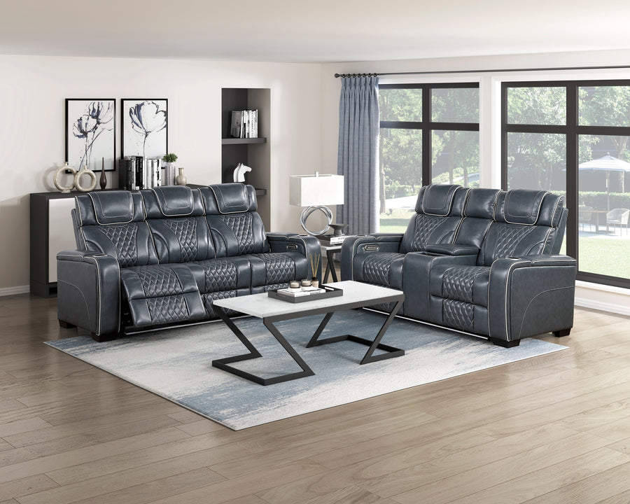 Apex Blue TOP GRAIN LEATHER/POWER/LED/MASSAGE Reclining Set 8449