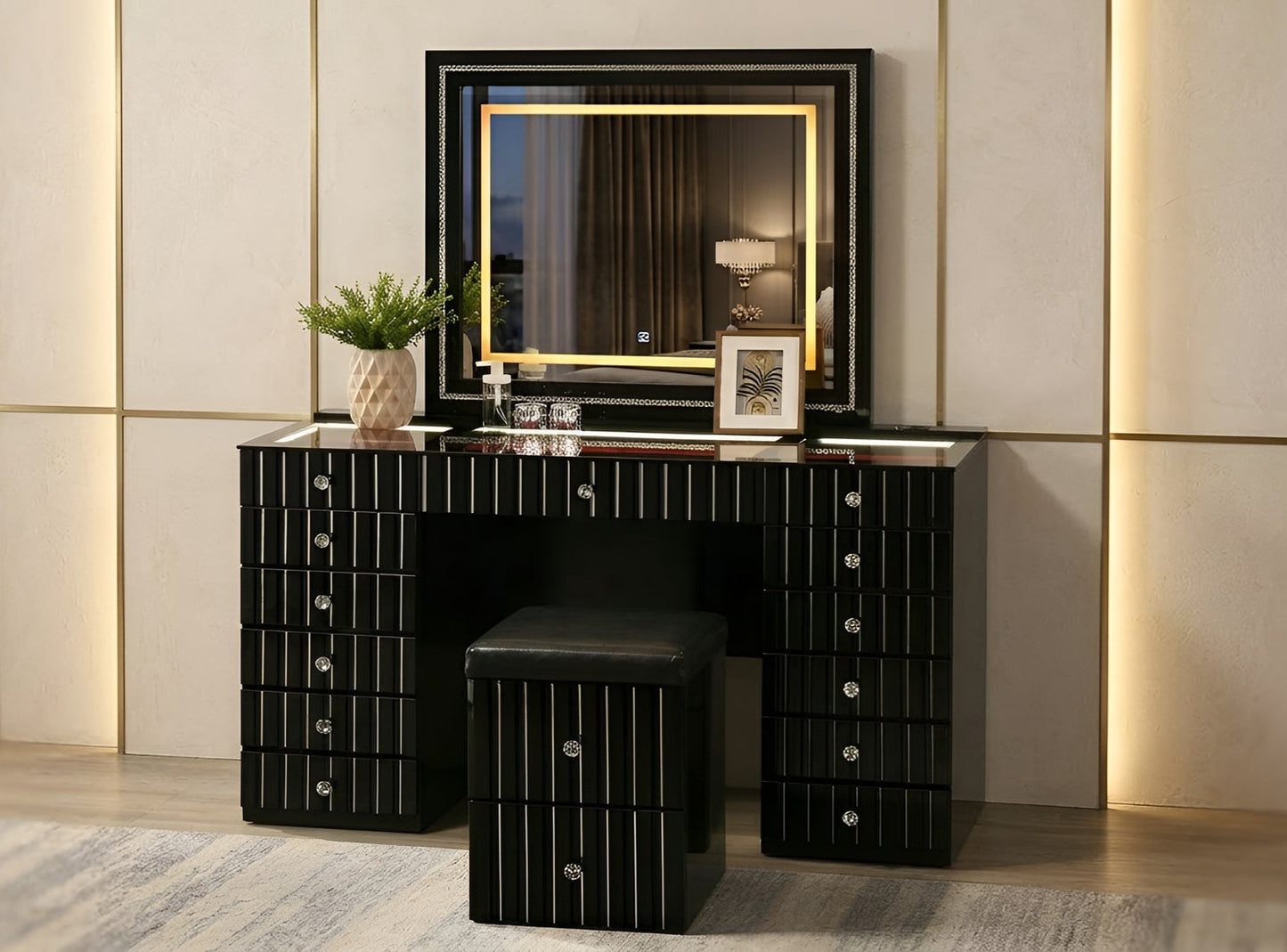 Gloria Black LED Vanity Set with Stool
