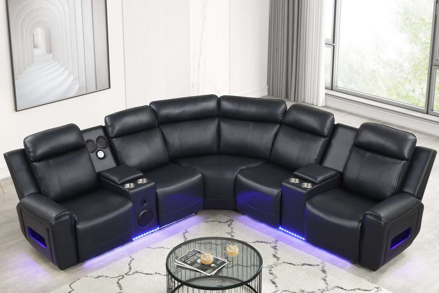 Galaxy Black Leather POWER/BLUETOOTH SPEAKERS/LED Reclining Sectional S3550