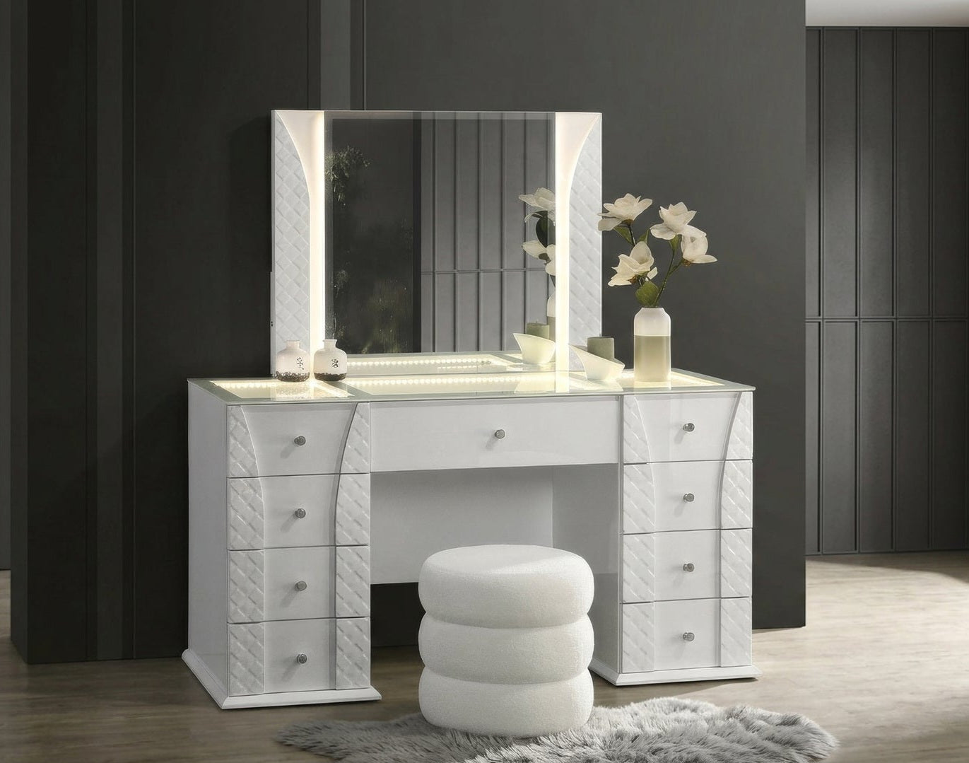Ivette White LED Vanity Set with Stool