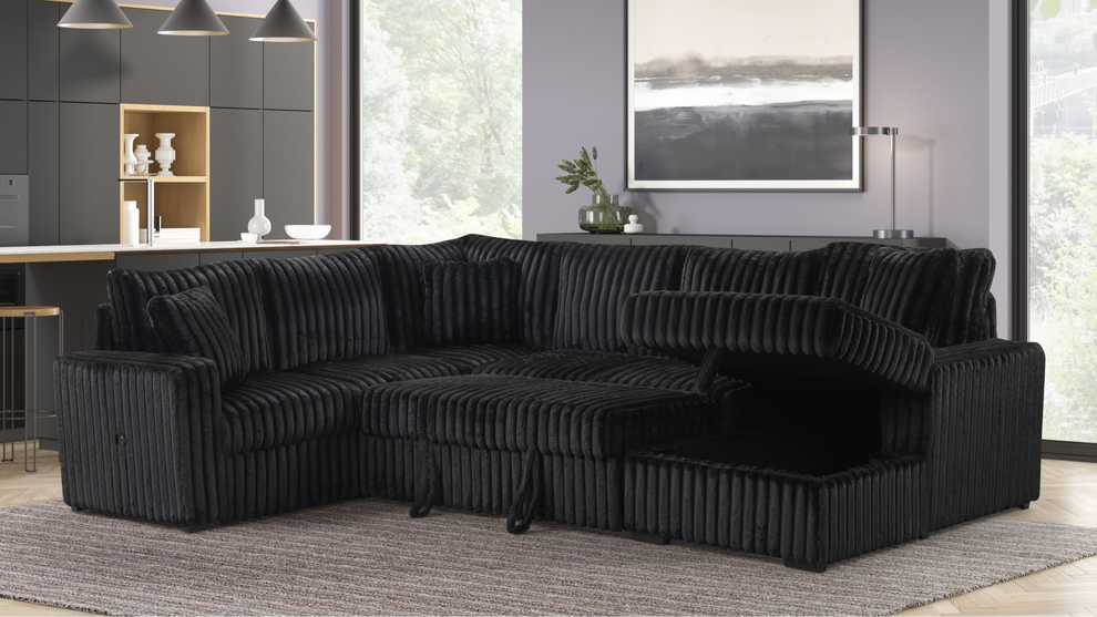 Raha II Black Corduroy Pull-Out Bed Sectional