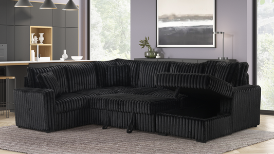 Raha II Black Corduroy Pull-Out Bed Sectional