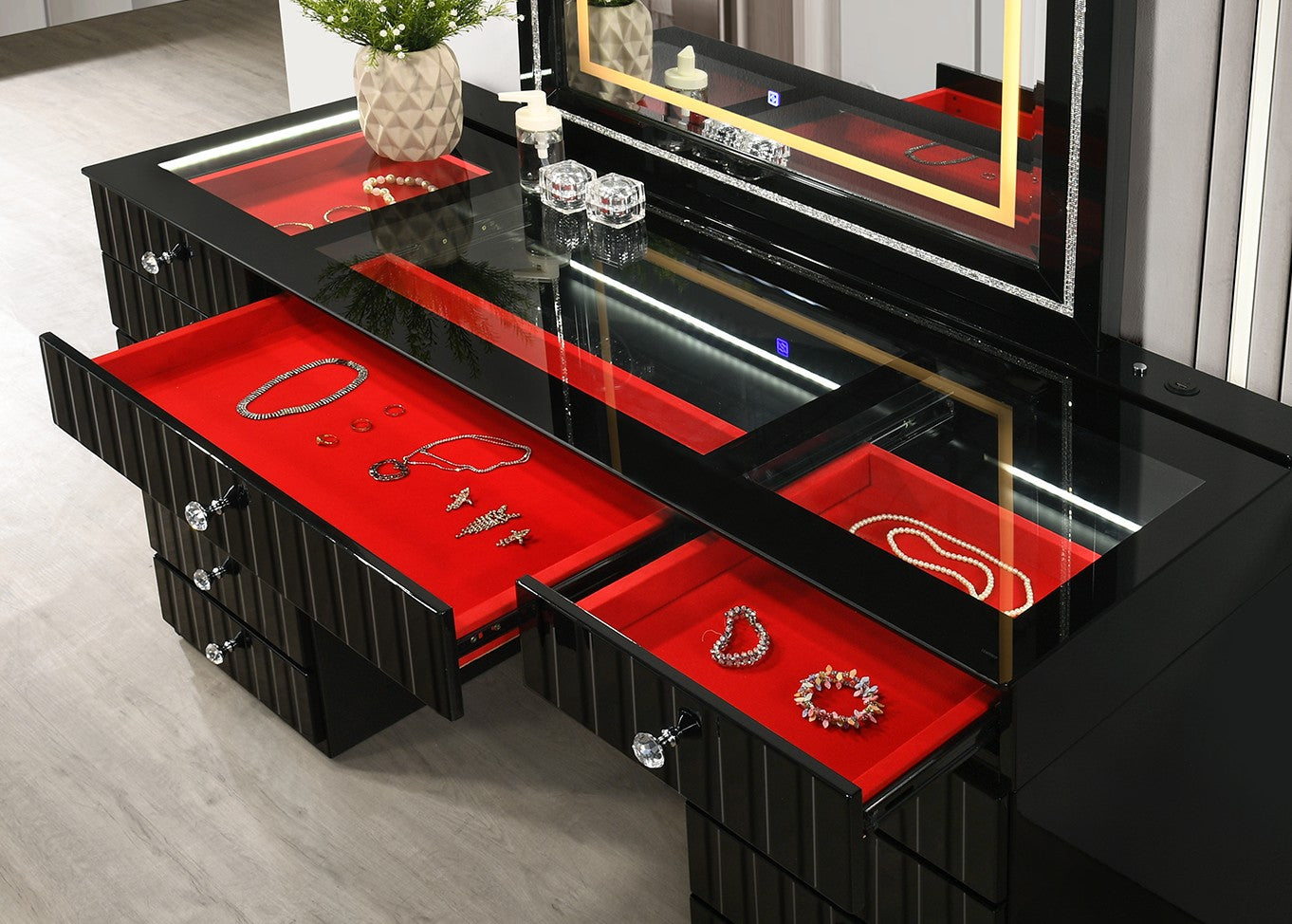 Gloria Black LED Vanity Set with Stool