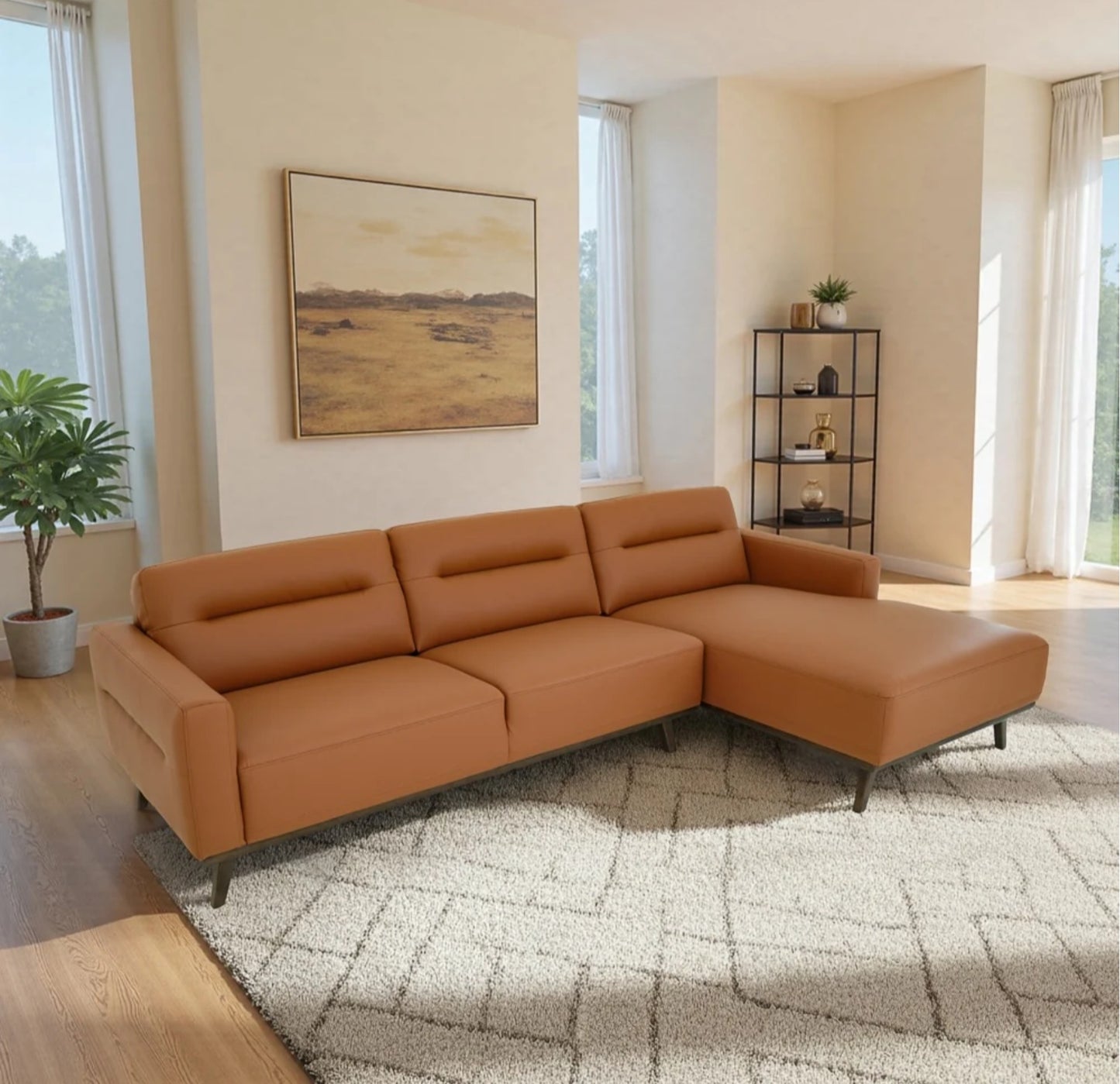Ella 110" L-Shaped Cognac PU Leather Right Sectional