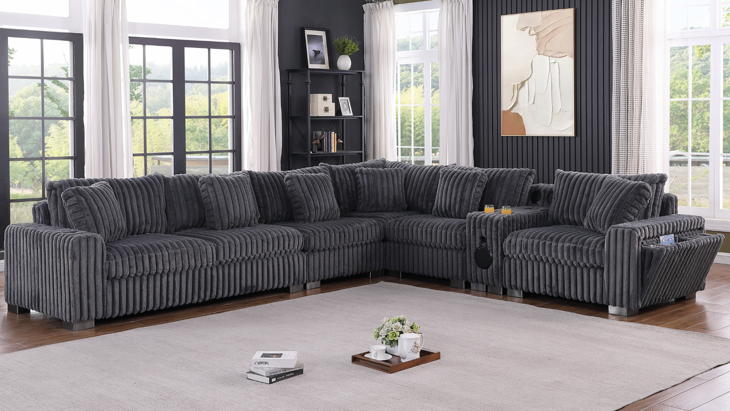 Snuggle Station Grey Corduroy BLUETOOTH SPEAKERS 7pc Sectional  S329