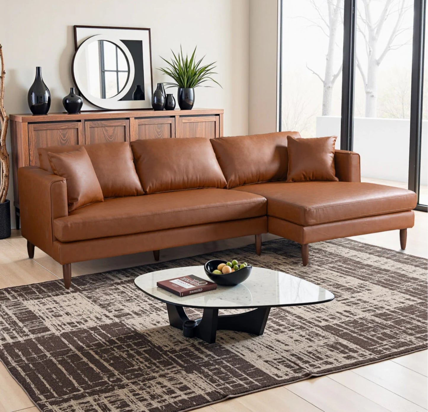 Blake 107" L-Shaped Cognac Vegan Leather Sectional Sofa Right Facing