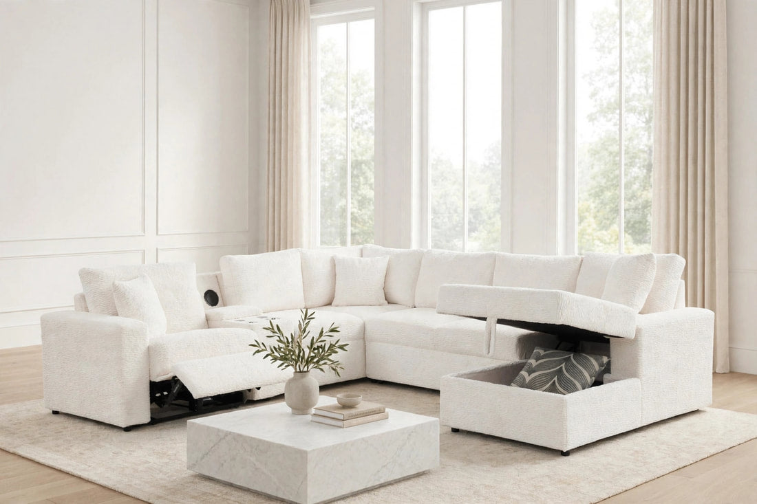 Hunter White Fabric BLUETOOTH SPEAKERS Pull Out Bed   Sectional
