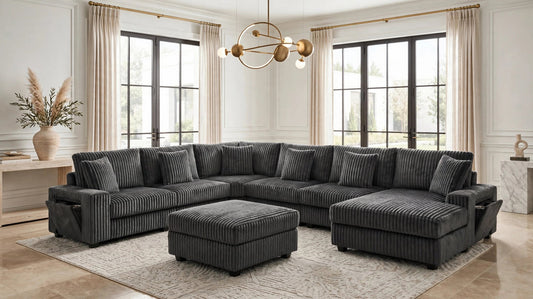 Bazoka Charcoal Corduroy 7PC Sectional With Ottoman