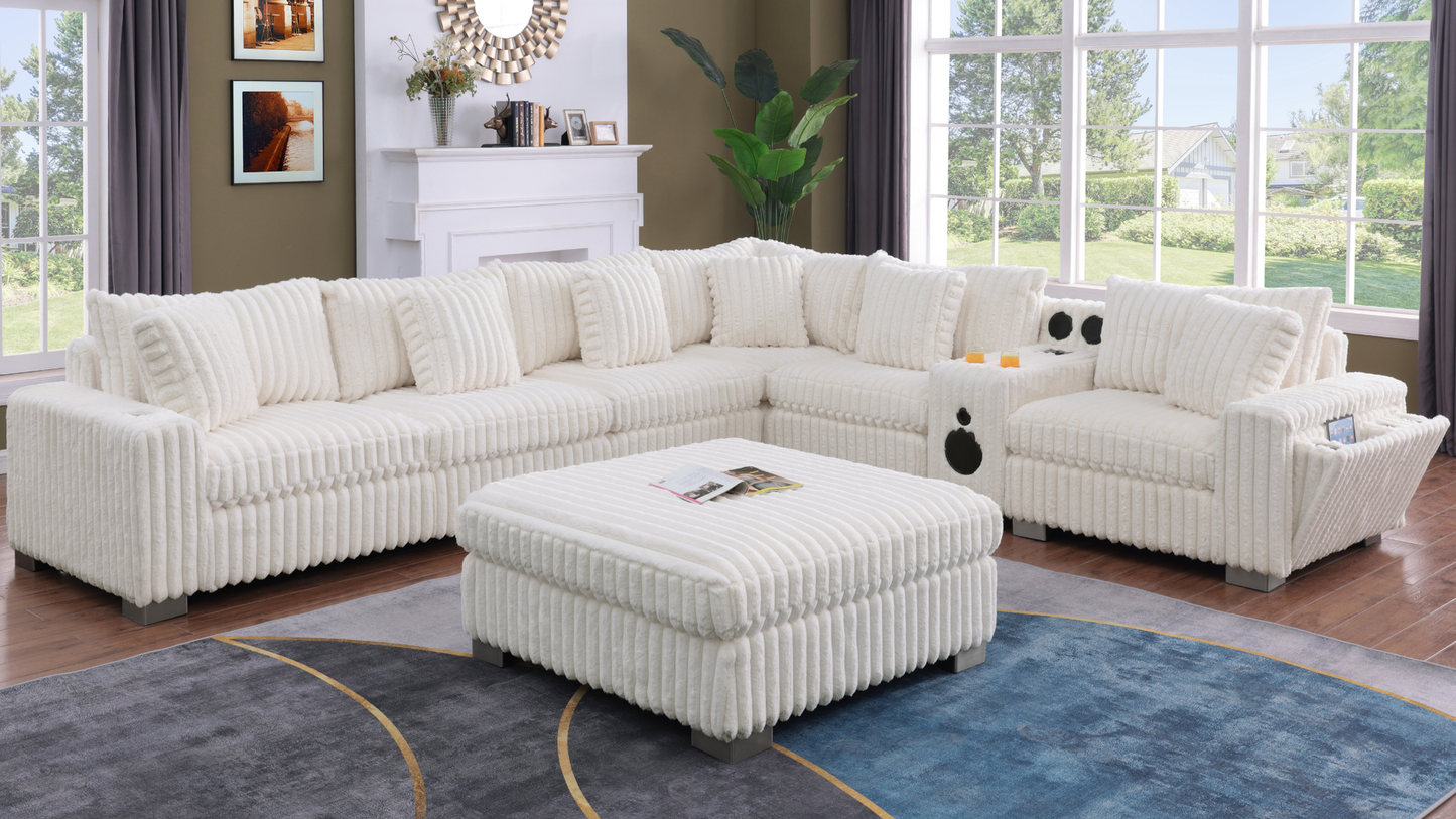 Snuggle Station Cream Corduroy BLUETOOTH SPEAKERS 7pc Sectional  S329