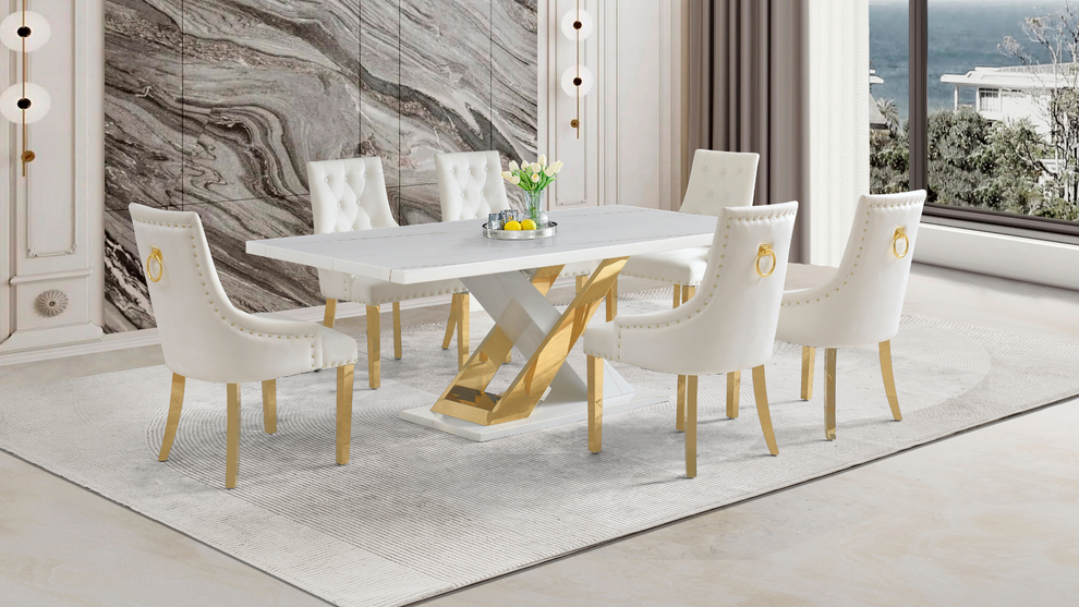 Viva White/Gold Faux Marble Dining Set D610
