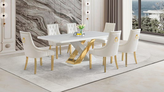 Viva White/Gold Faux Marble Dining Set D610