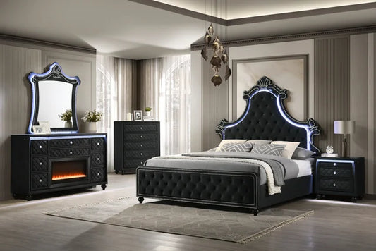 Majesty Black Velvet FIREPLACE/LED Platform Bedroom Set