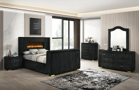 Henley Black Corduroy LED Fireplace/TV Lift Platform Bedroom Set B2040