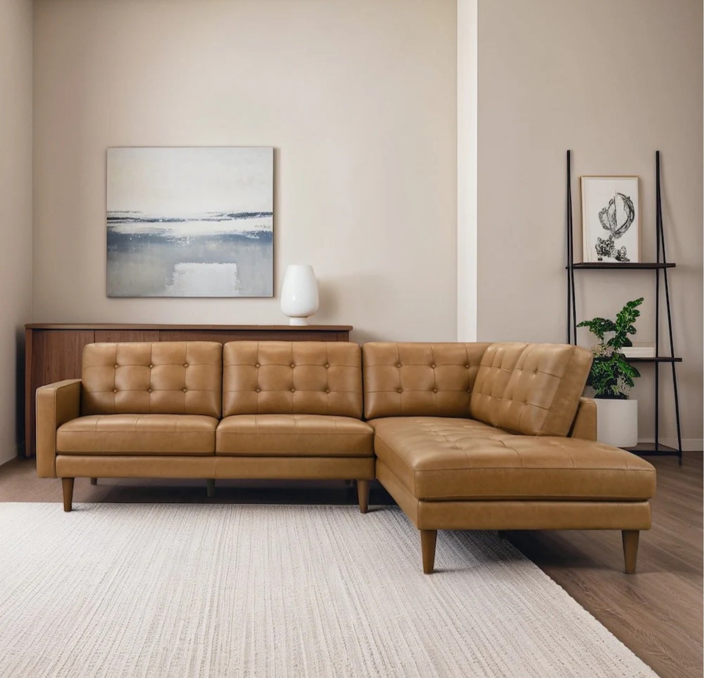 Lucco Cognac Modern L-Shaped Genuine Leather RAF Sectional