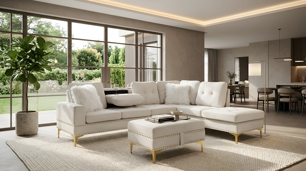 JoyII Beige Velvet Sectional with Ottoman S133
