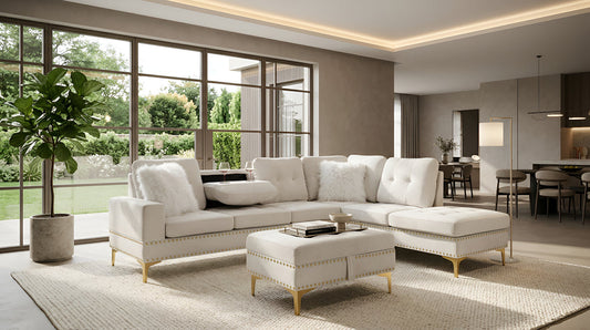 JoyII Beige Velvet Sectional with Ottoman S133