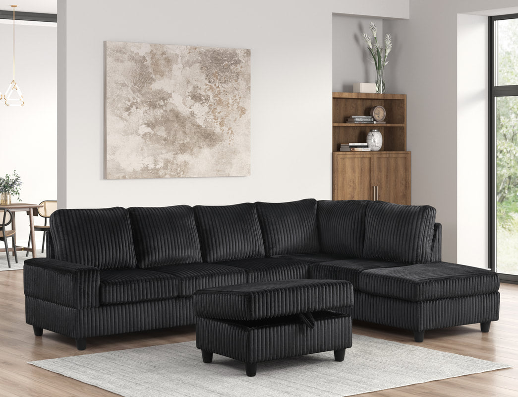 Heights48 Black Corduroy Fabric Reversible Sectional with Storage Ottoman