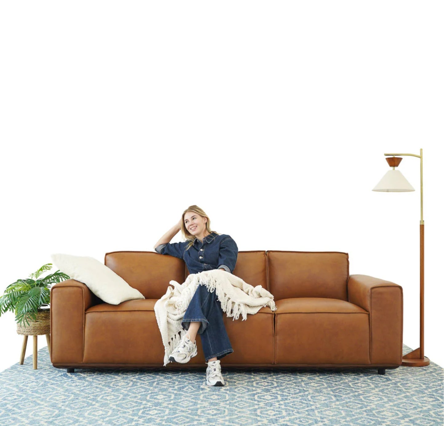 Hanky Mid-Century Modern Geniune Tan Leather Sofa