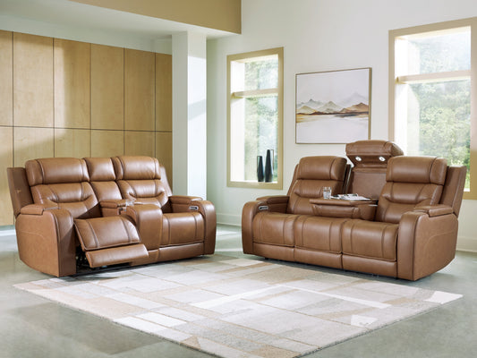 Knightington Caramel Power Top Grain Leather Reclining Living Room Set PCU11600