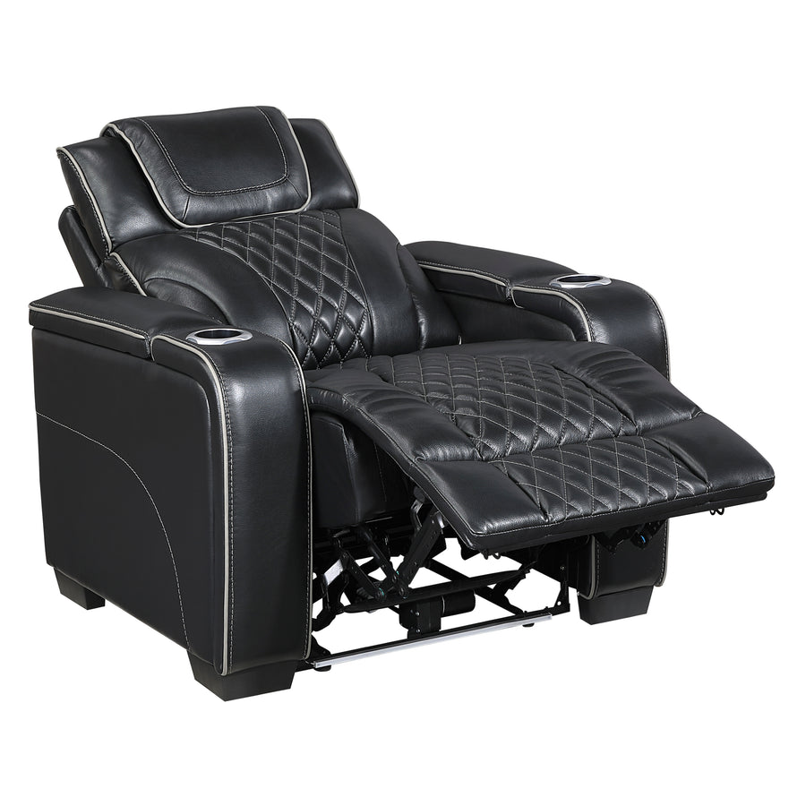 Apex Black TOP GRAIN LEATHER/POWER/LED/MASSAGE Reclining Set 8449