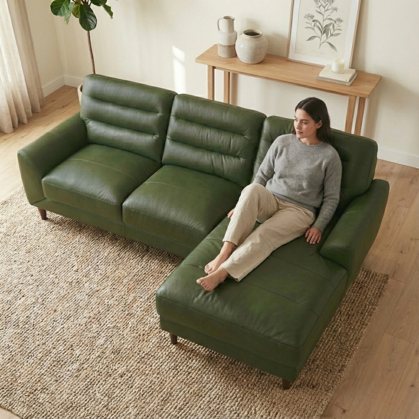 Clarion Green Genuine  Leather Sectional Sofa
