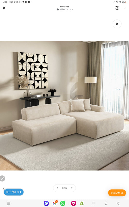 Mar Cream RAF Sectional Corduroy Sofa