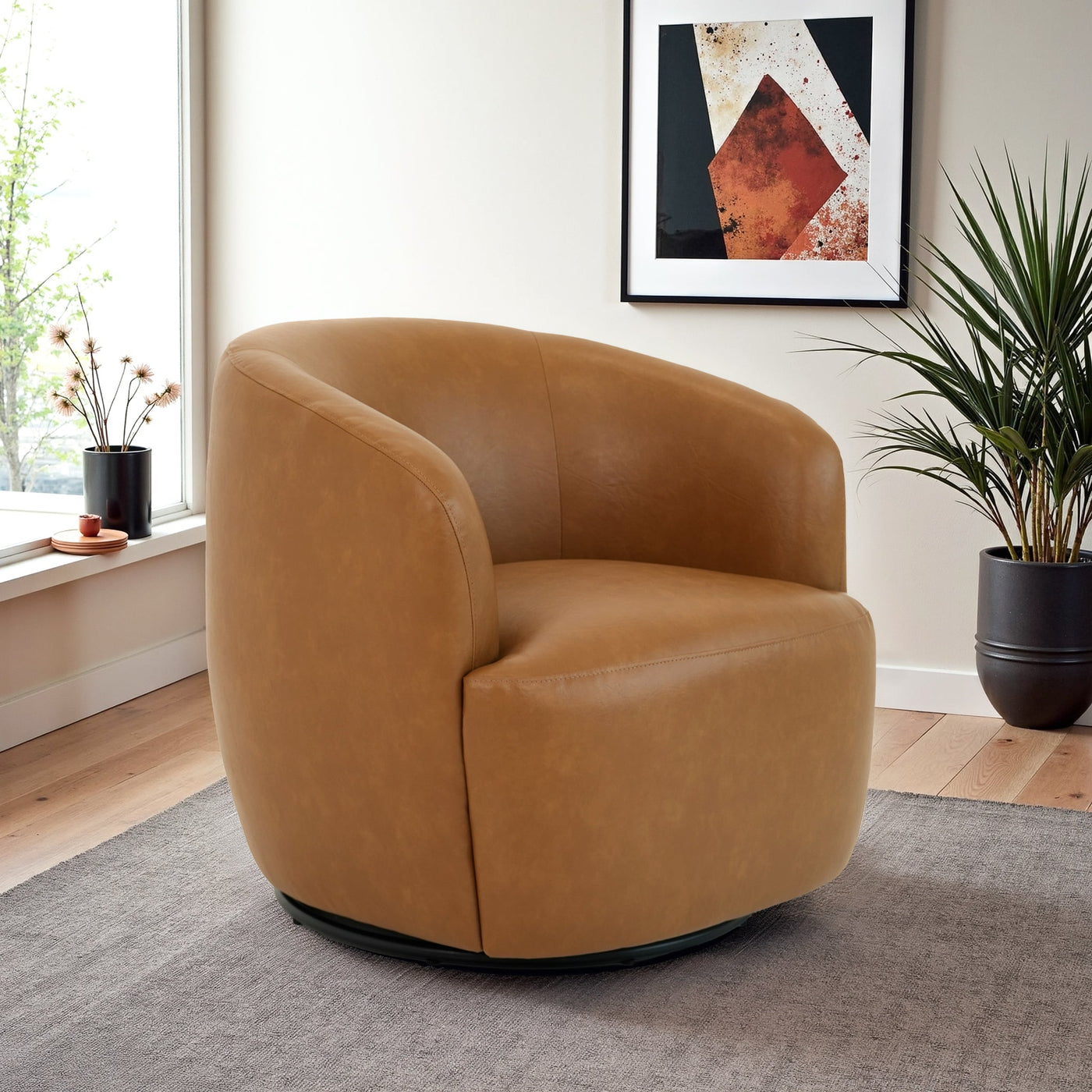 Mina 32" W Tan Vegan Leather Upholstered Swivel Barrel Chair